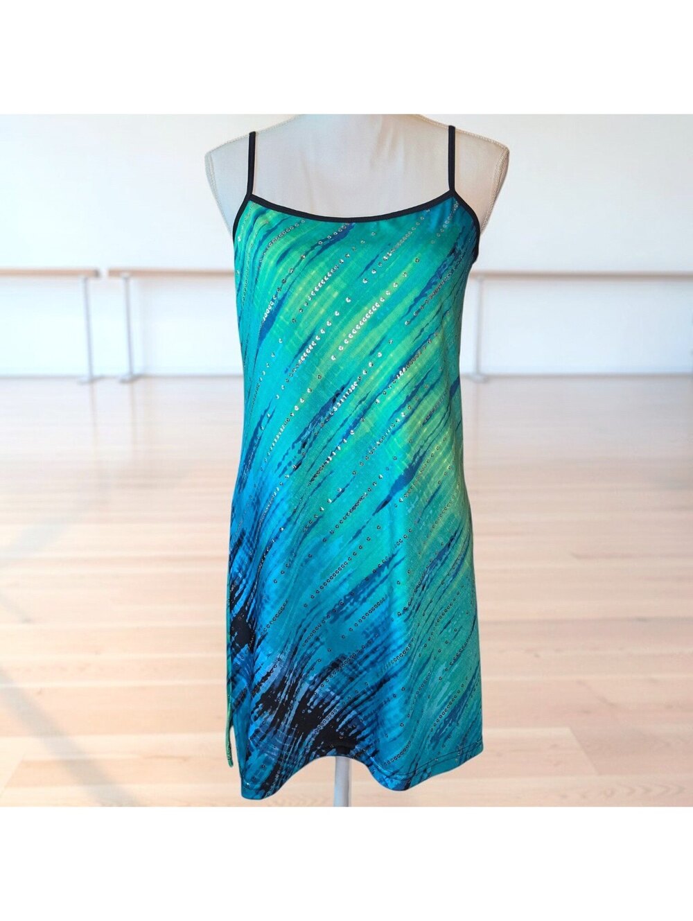Vintage Dream Dance S Blue Green Faux Sequin Slip Dress Spaghetti Strap Y2K 90s